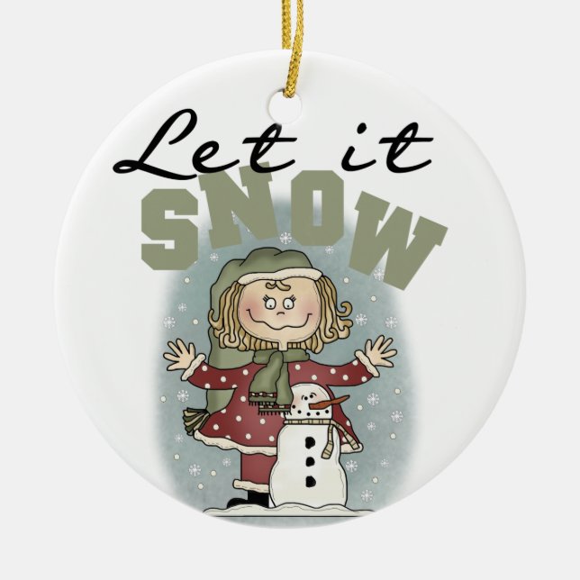 Mädchen und Schneemann lassen es schneesicheren Or Keramik Ornament (Vorne)