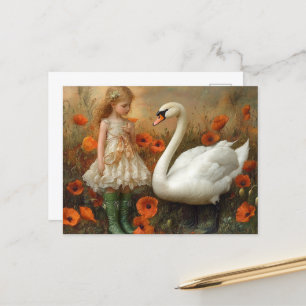 Mädchen und Schwan in den Poppies Postkarte