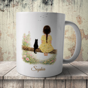 Mädchen und schwarze Katze auf einem Ast Kaffeetasse