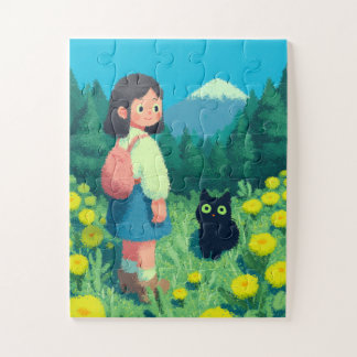 Mädchen und schwarze Katze auf einem Blumenfeld