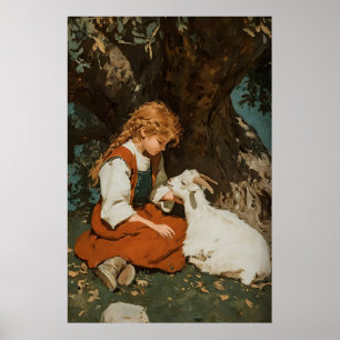 Mädchen-Und-Ziegen-Druck, Antike Druckbare Kunst, Poster