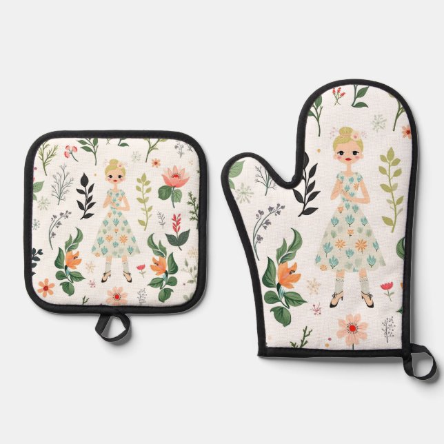 Mädchen unter Blume Ofenhandschuh & Topflappen-Set (Vorderseite)