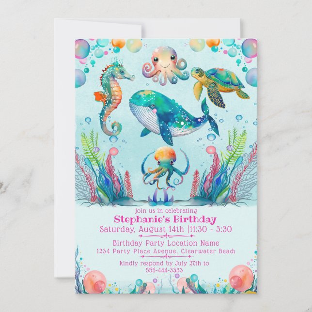 Mädchen unter der Sea Birthday-Einladung Einladung (Vorderseite)