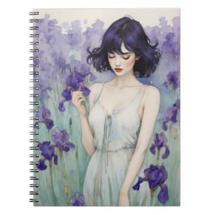Mädchen unter Iris Blumen Notizbuch Journal Notizblock