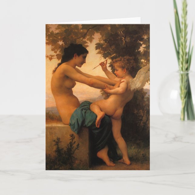 Mädchen verteidigt sich gegen Cupid von Bouguereau Karte (Vorderseite)