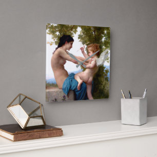 Mädchen verteidigt sich gegen Eros Cupid Fine Art Quadratische Wanduhr