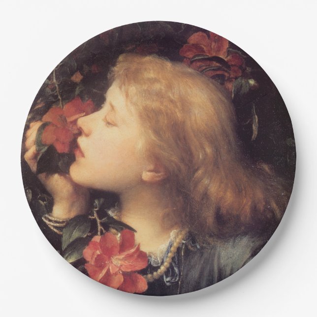 Mädchen wählen eine schöne Blume (von G.F. Watts) Pappteller (Vorderseite)