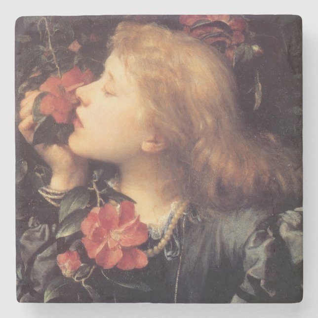 Mädchen wählen eine schöne Blume (von G.F. Watts) Steinuntersetzer (Vorderseite)