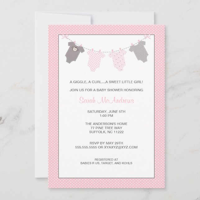Mädchen-Wäscheleine-Babyparty laden rosa Grau ein Einladung (Vorderseite)