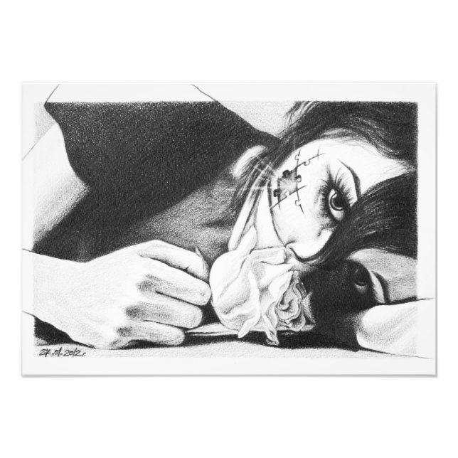 Mädchen weinen mit Rose Surreal zeichnend Kunst Fotodruck (Vorne)