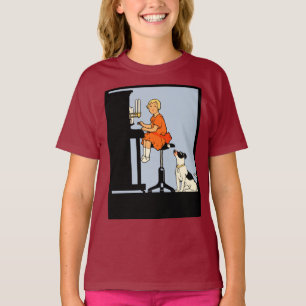 Mädchen, welches das Klavier, Hund, Retro Art T-Shirt