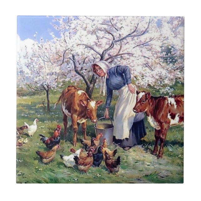 Mädchen, welches Vieh das Malen füttert Fliese (Vorderseite)