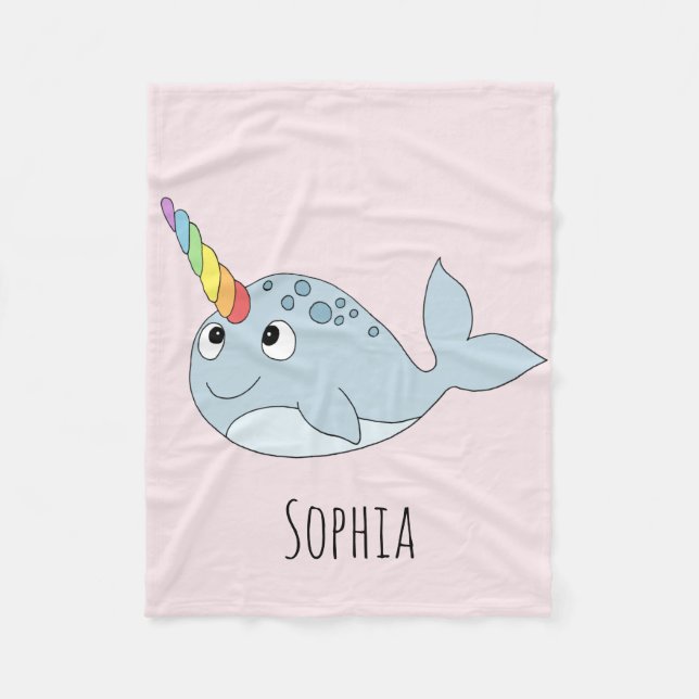 Mädchen Whimsical Rainbow Narwhal und Name Kinder Fleecedecke (Vorderseite)