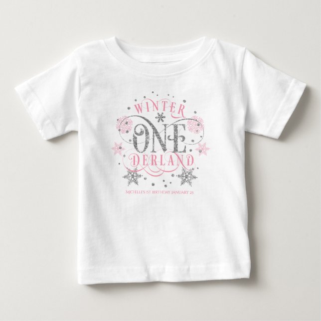 Mädchen, Winter ONEderland, rosa silber 1. Geburts Baby T-shirt (Vorderseite)