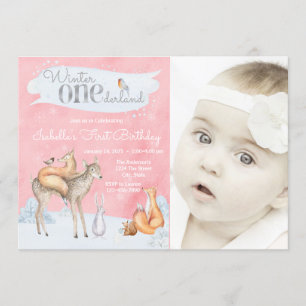 Mädchen-Winter ONEderland WaldFoto-Geburtstag Einladung