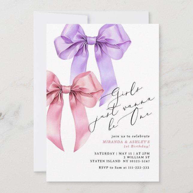 Mädchen wollen nur eine rosa Bow Twin Girls sein Einladung (Vorderseite)