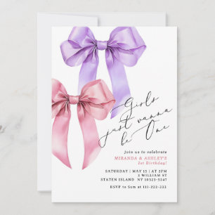 Mädchen wollen nur eine rosa Bow Twin Girls sein Einladung