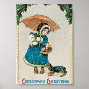 Mädchen zu Weihnachten im Schnee mit Katze und Hun Poster