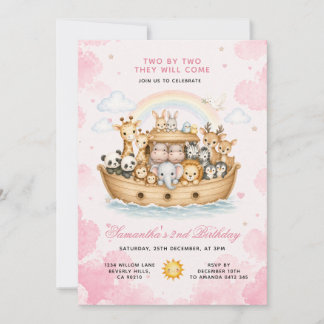 Mädchen Zwei bei Zwei Wasserfarbe Rosa Noahs Arche Einladung