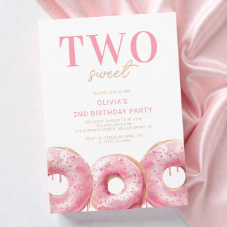 Mädchen Zwei Süß Pink Donut 2. Geburtstagsfeier Einladung