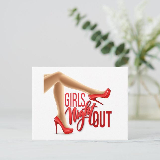 Mädchenabend Postkarte (A stylish leg in a red high heel shoe, positioned playfully against a clean background.)