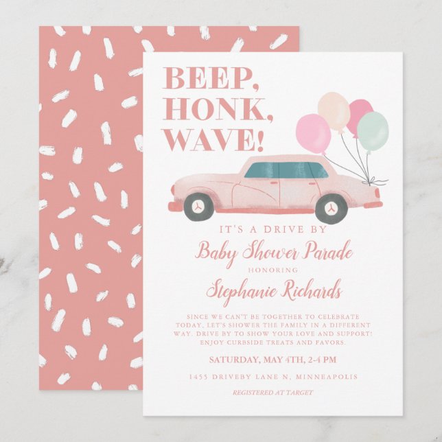 Mädchenantrieb mit Babydusche Rosa Vintage Auto Einladung (Vorne/Hinten)