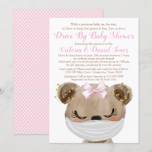 Mädchenbär mit Maske Drive By Babyparty Einladung