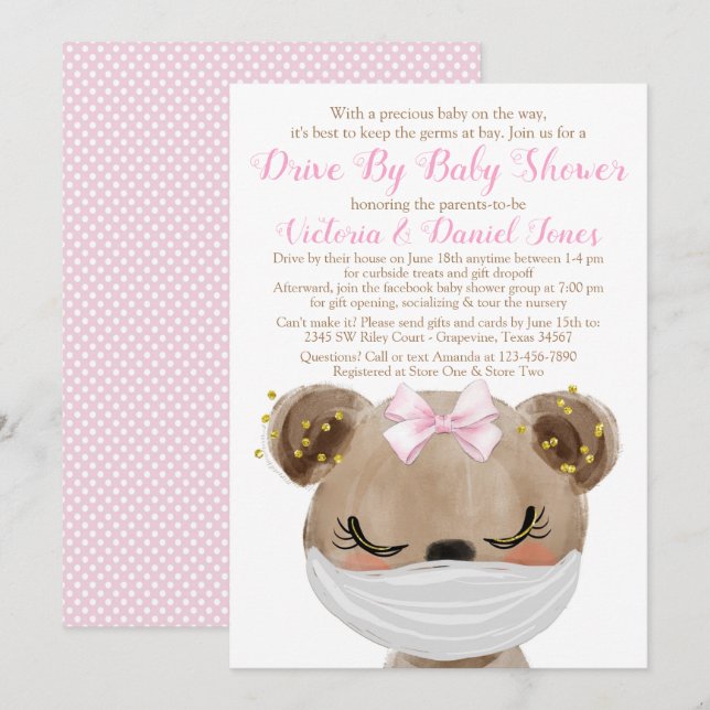 Mädchenbär mit Maskenantrieb durch Babydusche Einladung (Vorne/Hinten)