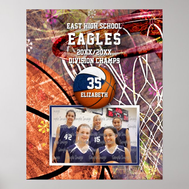 Mädchenblau-Weiße Mannschaftsfarben Foto Basketbal Poster (Vorne)