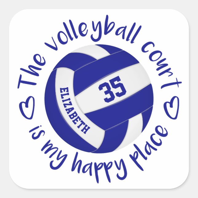 Mädchenblau-weiße Volleyball-Happy Place Typografi Quadratischer Aufkleber (Vorderseite)