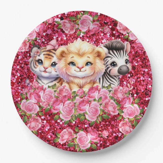 Mädchendusche Rosa Glitzer Wildtiere Pappteller (Vorderseite)
