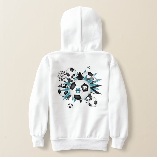 Mädchenfußball mit aquamarinen schwarzen Sternen Hoodie (AblageHinten)