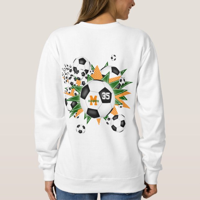 Mädchenfußball mit grünen orangefarbenen Sternen Sweatshirt (Rückseite)