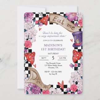 Mädchengeburtsfeier Alice im Wunderland Einladung