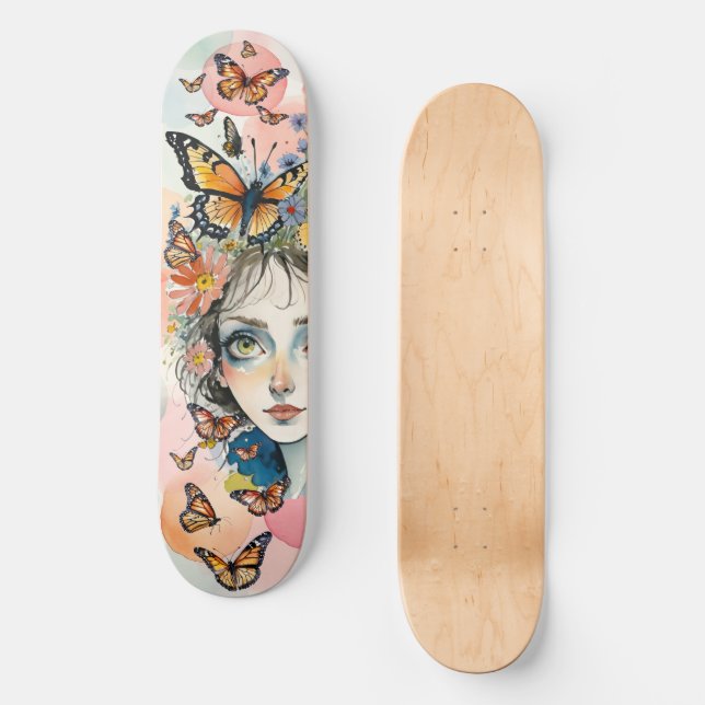 Mädchengesicht mit Monarchen-Schmetterlingen in Pa Skateboard (Vorderseite)