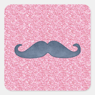 MÄDCHENHAFT BLAUER SCHNURRBART PINK GLITZER FOTO QUADRATISCHER AUFKLEBER