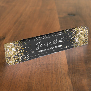 Mädchenhaft funkelndes Gold Glitter Schwarz Namensplakette