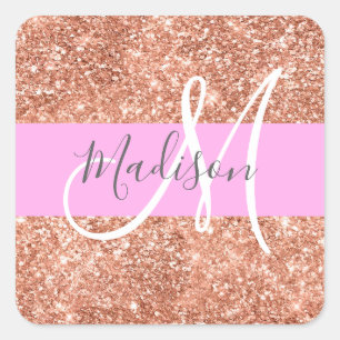 Mädchenhaft Glamour Rosa Pfirsich Gold Glitter Mon Quadratischer Aufkleber