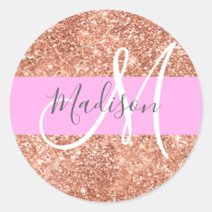 Mädchenhaft Glamour Rosa Pfirsich Gold Glitter Mon Runder Aufkleber