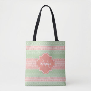 Mädchenhaft hellgrün gestrickte Korallenrosa Strei Tasche