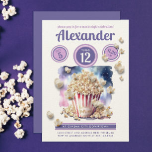 Mädchenhaft lila Popcorn Kino Nacht Wasserfarbe Einladung