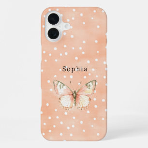 Mädchenhaft Pfirsich Weiße Punkte Schmetterling   iPhone 16 Plus Hülle