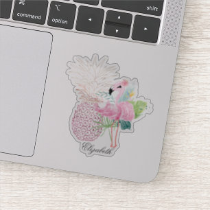 Mädchenhaft rosa Flamingo, Tropische Blätter, Anan Aufkleber