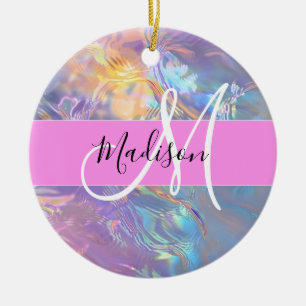 Mädchenhaft rosa holografischer irisierender Monog Keramik Ornament