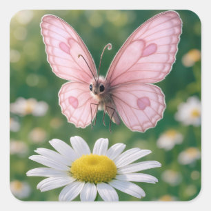 Mädchenhaft rosa Schmetterling und weiße Margerite Quadratischer Aufkleber