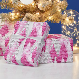 Mädchenhaft Rosa Silber Glamour Weihnachtsbäume Geschenkpapier