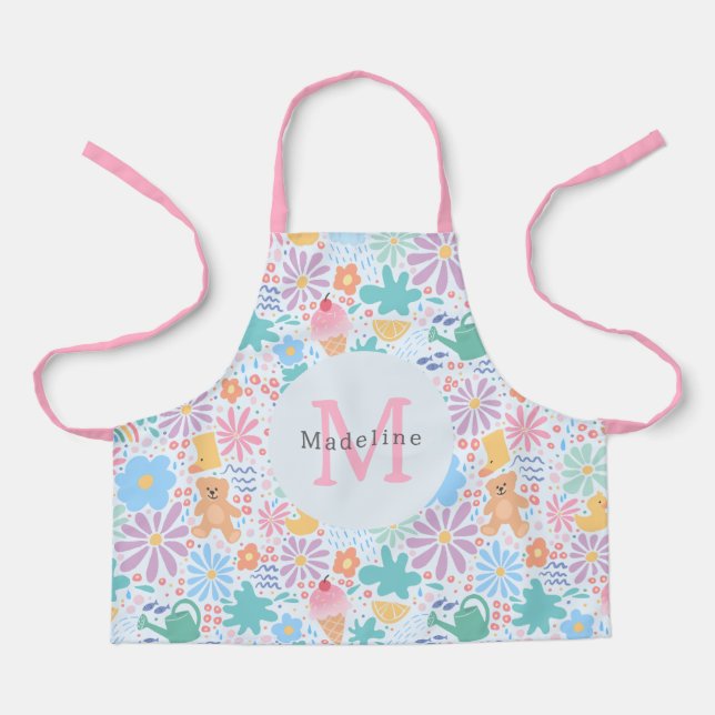 Mädchenhaft süße florale rosa Regenbogen-Monogramm Schürze (Vorderseite)