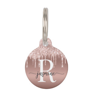 Mädchenhaft süße Roségold-Glitter-Monogramm-Schrif Haustiermarke