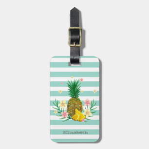 Mädchenhafte Ananas Blumen Minze Weiße Streifen  Gepäckanhänger