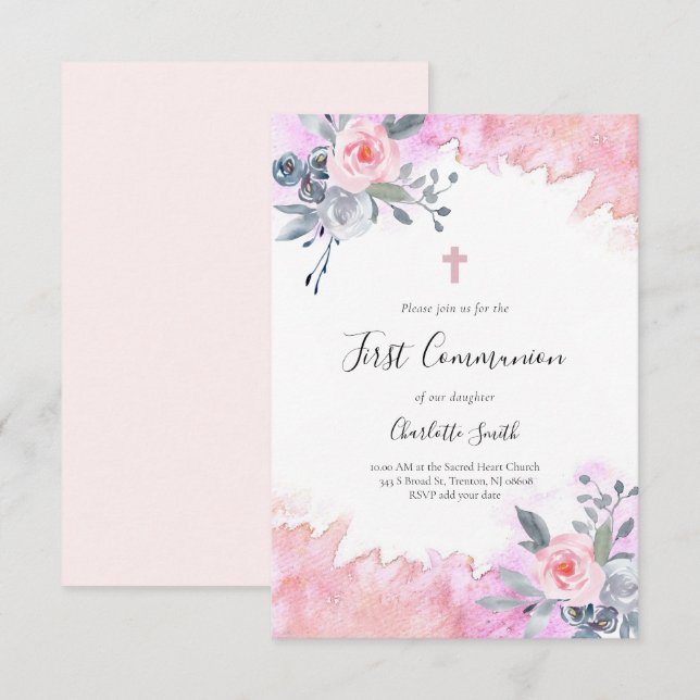 mädchenhafte erste Kommunion Rosa Aquarellblüte Einladung (Vorne/Hinten)